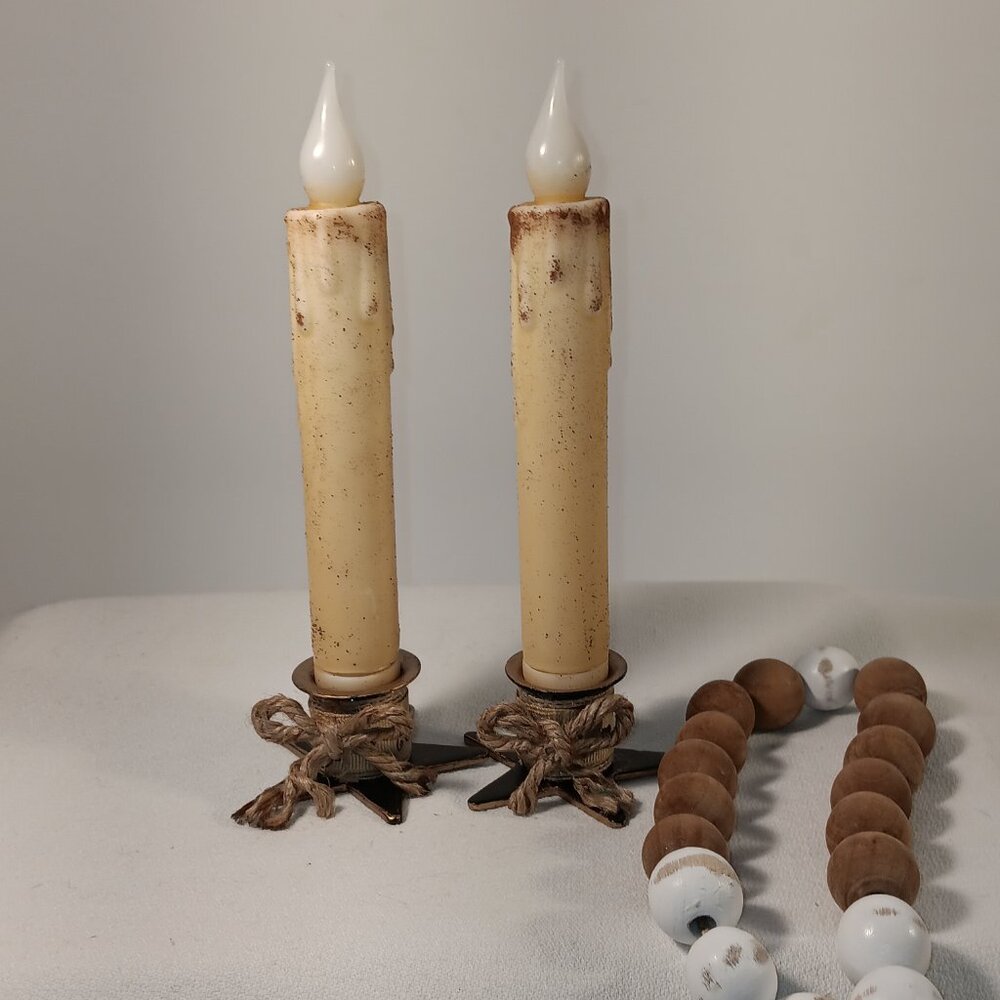 Rustic Farmhouse LED Taper Candles w Star Base Primitive Decor Set